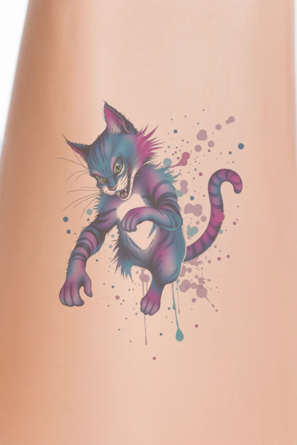 Vibrant temporary temporary tattoo design featuring a mid-leap Cheshire Cat, primarily blue with pink and purple fur accents. The cat has wide open eyes and an astonished expression, with its mouth open in surprise. Its paws are spread wide, showcasing a