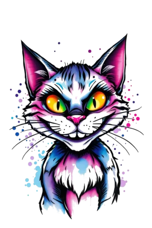 Stylized temporary tattoo of a colorful cat with a vibrant design. The cat features wide, yellow eyes and a sly expression, surrounded by fur in shades of blue and gray. Its pink nose and pink/purple mouth add to its playful look. The