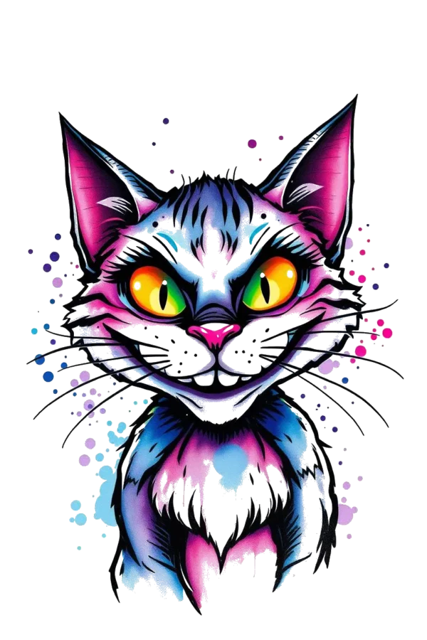Stylized temporary temporary tattoo of a colorful cat with a vibrant design. The cat features wide, yellow eyes and a sly expression, surrounded by fur in shades of blue and gray. Its pink nose and pink/purple mouth add to its playful look. The