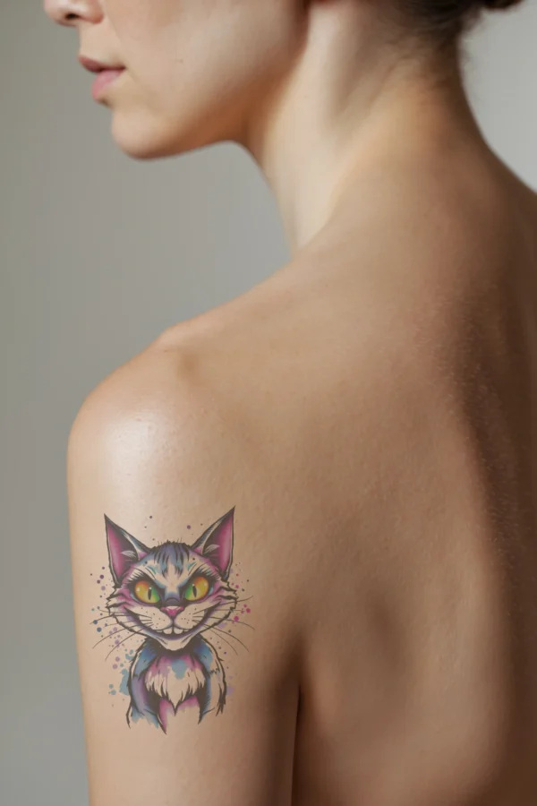 A temporary temporary tattoo on a person's shoulder features a stylized cat in a vibrant color palette of pink, blue, and yellow. The cat's face has wide, yellow eyes that convey a mischievous expression, complemented by a pink nose and a pink