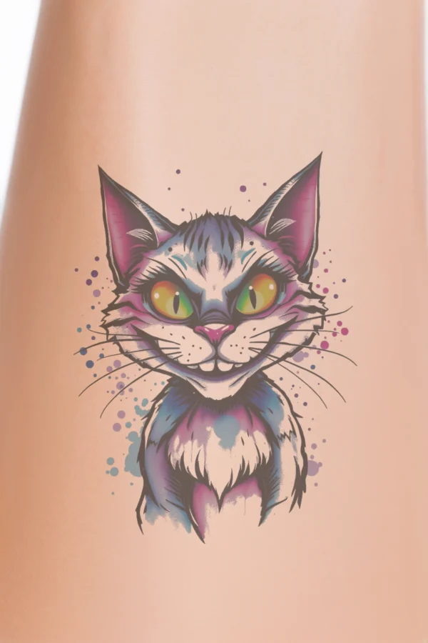 A vibrant temporary temporary tattoo illustration featuring a stylized cat with a colorful face in shades of pink, blue, and yellow. The cat's wide yellow eyes exhibit a mischievous expression, complemented by a pink nose and a pink/purple mouth. Its