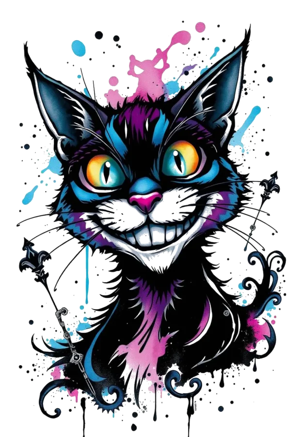 A vibrant temporary temporary tattoo design featuring a stylized Cheshire Cat with a mischievous smile. The cat's face is primarily black and blue, highlighted with striking yellow eyes and a bright blue mouth. Its fur blends shades of black and blue, accented by