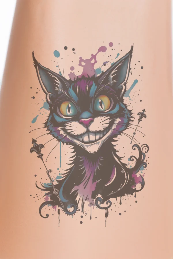Temporary temporary tattoo design featuring a stylized Cheshire Cat with a vibrant face in black, blue, and yellow. The cat has a wide, mischievous smile, striking yellow eyes, and a bright blue mouth. Its fur displays shades of black and blue