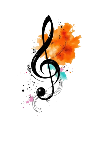 A temporary tattoo design featuring a prominent black treble clef positioned slightly to the left of center, surrounded by various musical notes and symbols, including a bass clef on the right. The composition is enhanced by a vibrant splash of orange and pink around