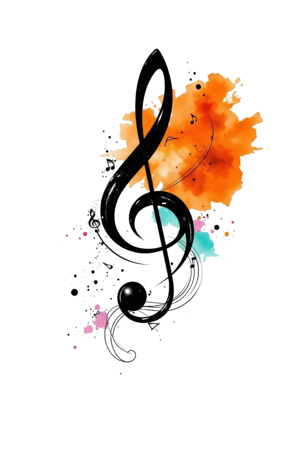 A temporary temporary tattoo design featuring a prominent black treble clef positioned slightly to the left of center, surrounded by various musical notes and symbols, including a bass clef on the right. The composition is enhanced by a vibrant splash of orange and pink around