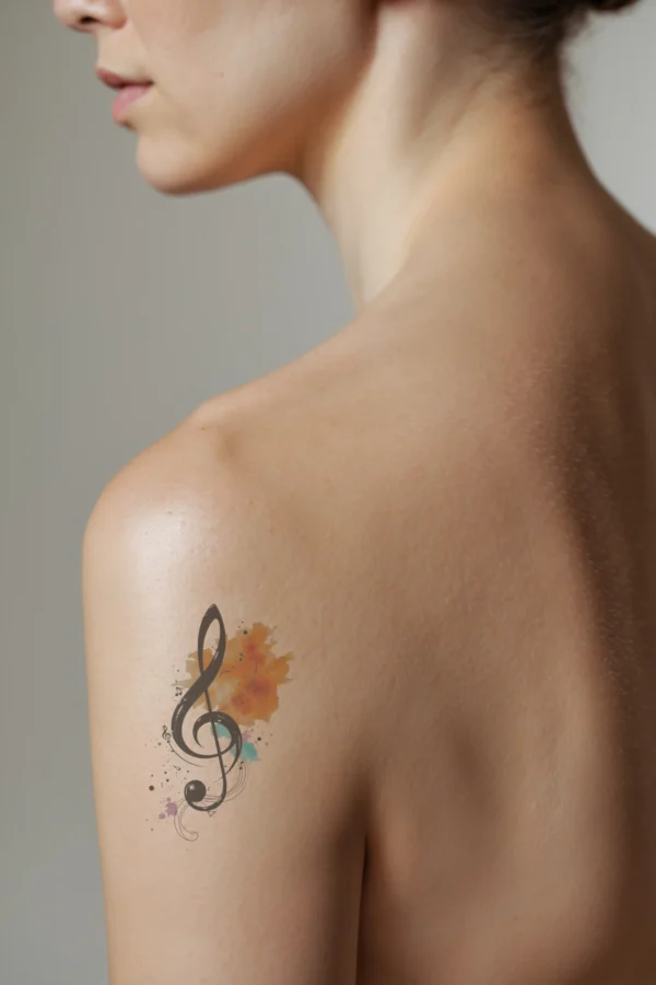 Temporary temporary tattoo design featuring a profile view of a person's shoulder adorned with a detailed composition of musical symbols. At the center, a black treble clef is prominently displayed, slightly to the left, surrounded by a bass clef on the right and various