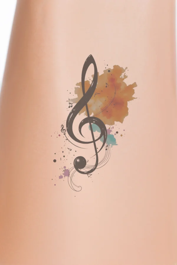 Temporary temporary tattoo design featuring a central black treble clef, positioned slightly to the left, surrounded by a vibrant splash of orange and pink. Flanking the treble clef are a black bass clef on the right and various other musical notes and