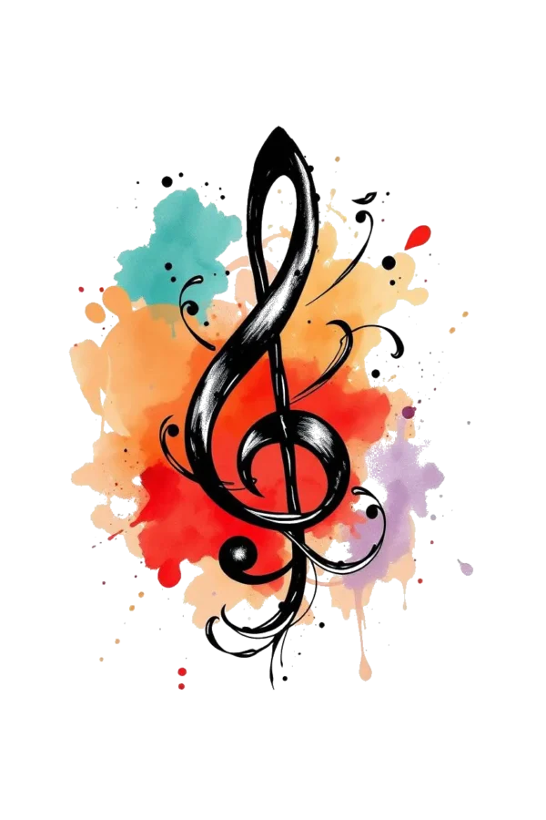 A vibrant temporary temporary tattoo design featuring a centrally placed, stylized treble clef in black against a white background. The treble clef is surrounded by dynamic splashes of red, orange, and purple, creating an energetic composition. The colors are