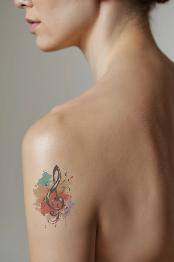 A close-up of a person's shoulder temporary tattoo featuring a stylized treble clef in black, centrally placed against a white background. The treble clef is surrounded by vibrant splashes of color in shades of red, orange, and purple, creating