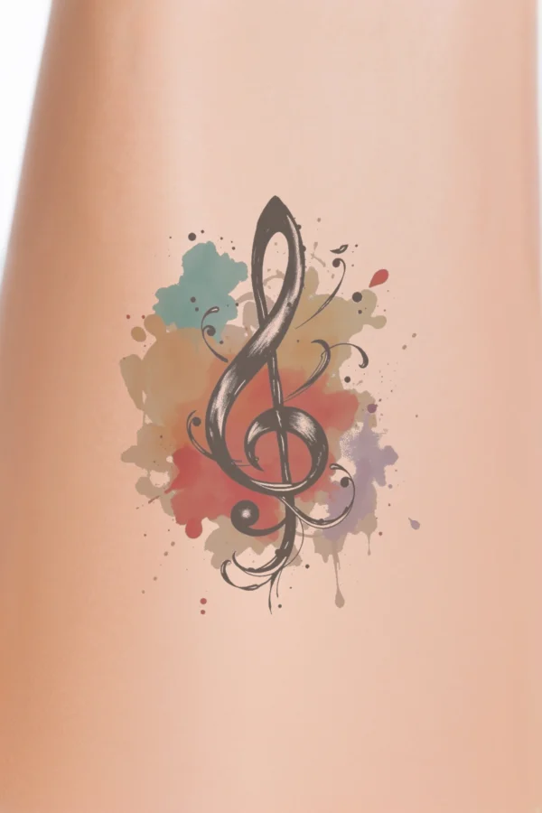 Temporary temporary tattoo featuring a stylized, artistic treble clef in black at the center, surrounded by vibrant splashes of red, orange, and purple. The dynamic composition conveys energy and movement against a clean white background.