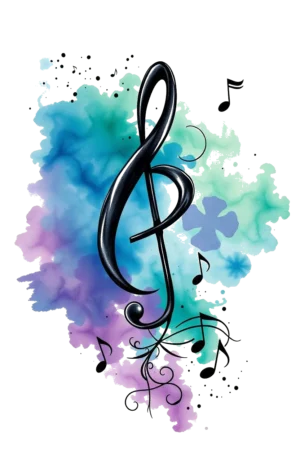Temporary tattoo design featuring a vibrant black musical staff centrally positioned, flanked by a slightly tilted treble clef on the left and a slightly tilted bass clef on the right. The illustration is set against a watercolor-style background with splashes of blue