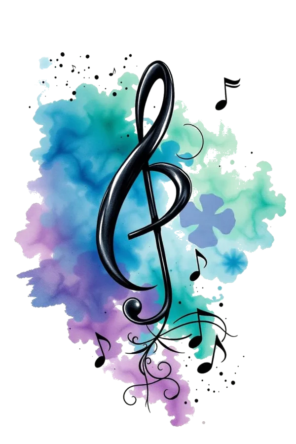 Temporary temporary tattoo design featuring a vibrant black musical staff centrally positioned, flanked by a slightly tilted treble clef on the left and a slightly tilted bass clef on the right. The illustration is set against a watercolor-style background with splashes of blue