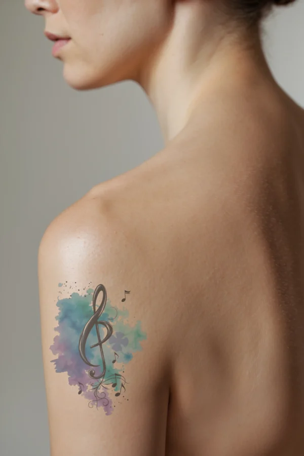 Profile view of a person's shoulder displaying a detailed temporary temporary tattoo featuring a black musical staff with a treble clef tilted left and a bass clef tilted right. The staff is set against a vibrant watercolor background with splashes of blue, purple, and