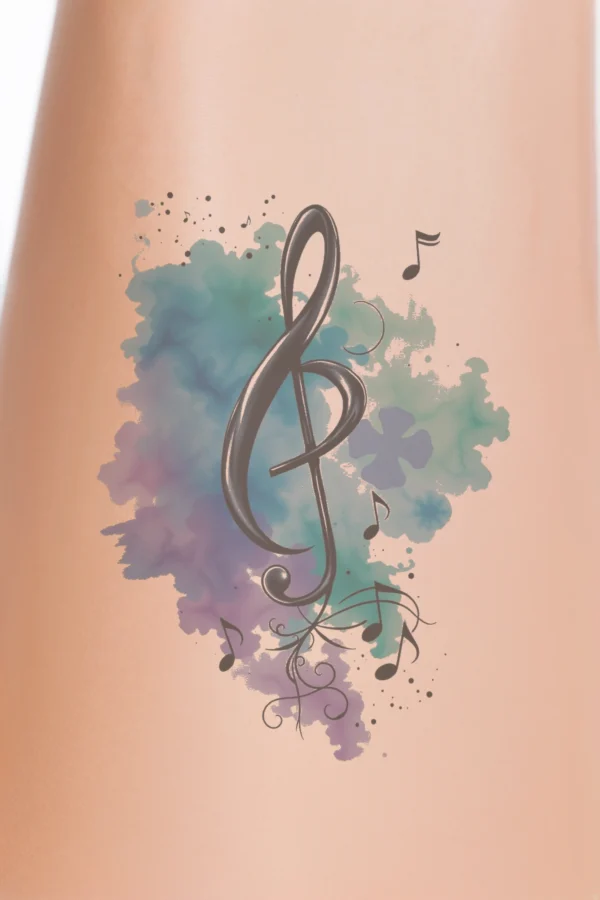 A temporary temporary tattoo design featuring a vibrant black illustration of a musical staff, with a tilted treble clef on the left and a tilted bass clef on the right. The staff is set against a watercolor-style background with splashes of blue, purple
