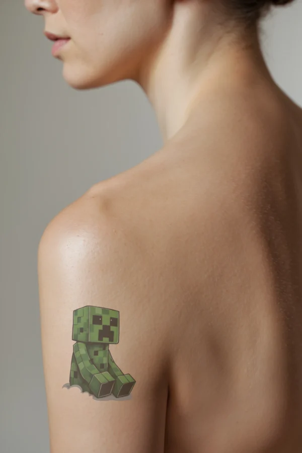 A temporary temporary tattoo on a person's shoulder features a stylized Minecraft character in profile. The character is green with a black face, blocky body, arms, and legs, all in a simple cartoon style. It is seated on a white surface resembling a