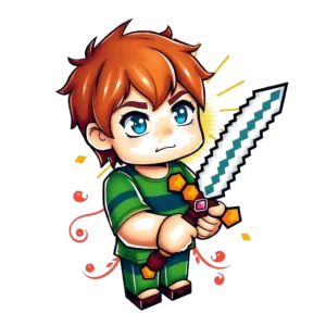 Image of a temporary tattoo featuring a young boy with bright red hair, dressed in a green shirt and green pants. He stands against a white background, holding a sword with a blue handle and silver blade, which is the focal point of the design.