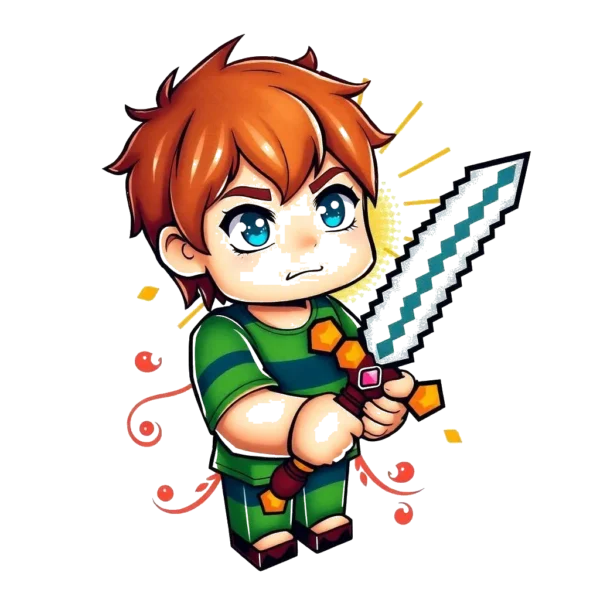 Image of a temporary temporary tattoo featuring a young boy with bright red hair, dressed in a green shirt and green pants. He stands against a white background, holding a sword with a blue handle and silver blade, which is the focal point of the design.