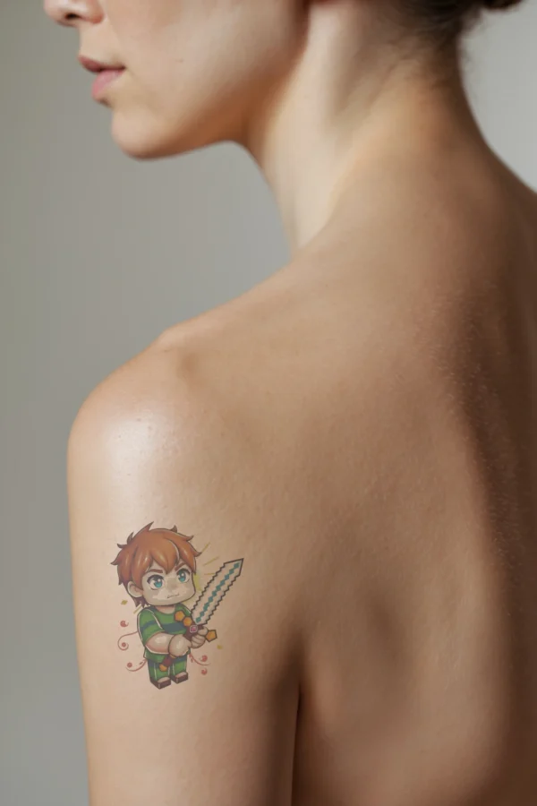 Temporary temporary tattoo design featuring a profile view of a young boy with bright red hair, dressed in a green shirt and green pants. He stands holding a sword with a blue handle and a silver blade, prominently displayed. His expression is neutral against a white background