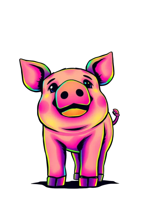 Temporary temporary tattoo design featuring a cartoon pig with a vibrant pink body, large round eyes, and a pinkish-orange snout. Its upright pink ears and darker pink/purple curly tail add detail. The pig stands on all fours, facing the viewer against