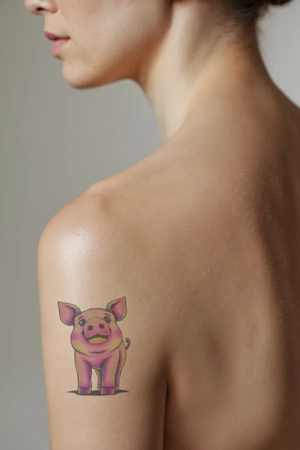 A profile view of a person displaying a vibrant temporary temporary tattoo on their shoulder. The temporary tattoo features a cartoon pig with a primarily pink body and a pinkish-orange snout. The pig has large, round eyes, upright pink ears, and a darker pink