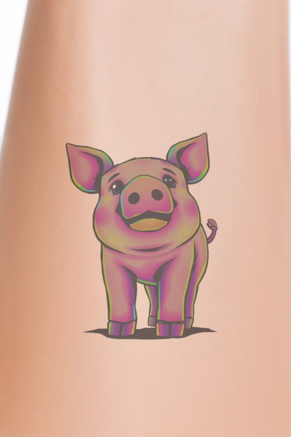A cartoon pig temporary tattoo design featuring a vibrant pink body and snout, with large round eyes and upward-pointing pink ears. The pig has a darker pink/purple curled tail and pink legs and feet, all set against a stark white background for contrast