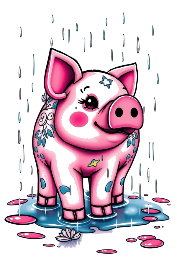 A whimsical temporary temporary tattoo design featuring a playful pink pig standing in a puddle of water. The pig has a round body with pink skin, large and expressive eyes, and a cute pink snout. Its pink and blue temporary tattoos add a unique charm.