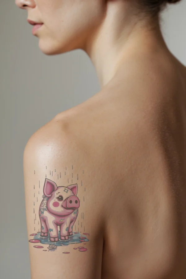 A detailed temporary temporary tattoo on a person's shoulder features a whimsical pink pig standing in a puddle of water. The pig has a round body and large, expressive eyes, with a pink snout and ears. Its skin is adorned with intricate pink and blue