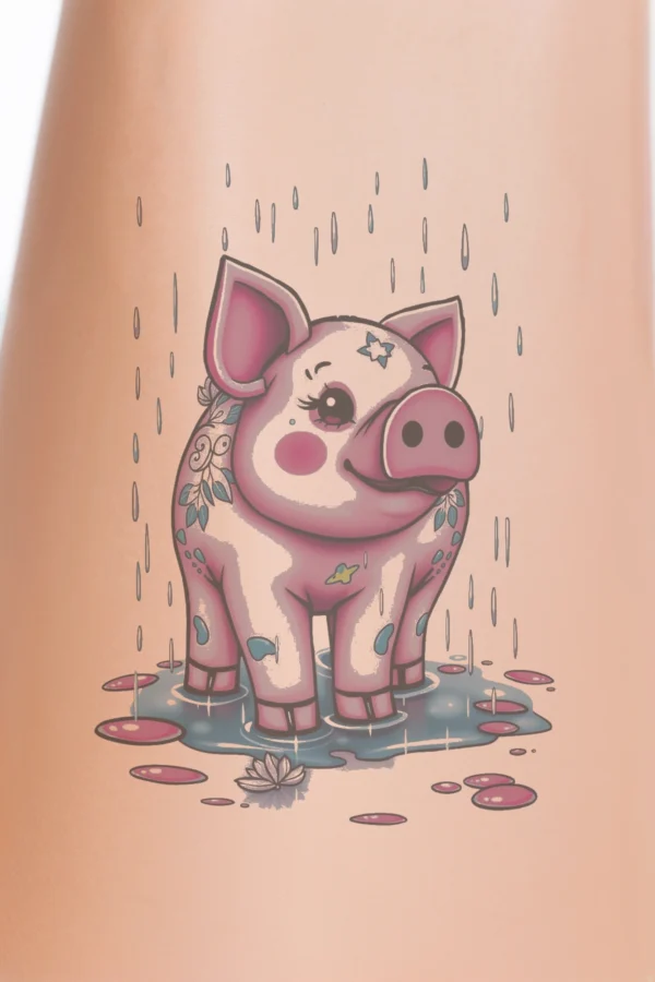 A playful temporary temporary tattoo design featuring a pink pig standing in a puddle of water. The pig has a pink snout, large round eyes, and pink ears, with its body decorated in colorful pink and blue temporary tattoos. Surrounding the puddle are