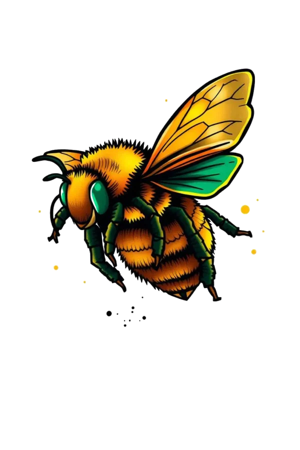 A vibrant temporary temporary tattoo design featuring a bee in flight, with an orange body, yellow abdomen, and green thorax. Its wings are bright yellow with orange and yellow stripes, while its head is light green and legs dark green. The bee is angled