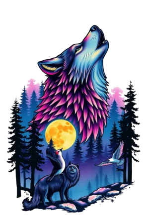 A temporary tattoo design featuring a vibrant wolf with pink, purple, and blue fur, standing on a rocky outcrop with its head tilted upwards as if howling. The wolf has striking yellow eyes and a colorful parrot perched on its back. In