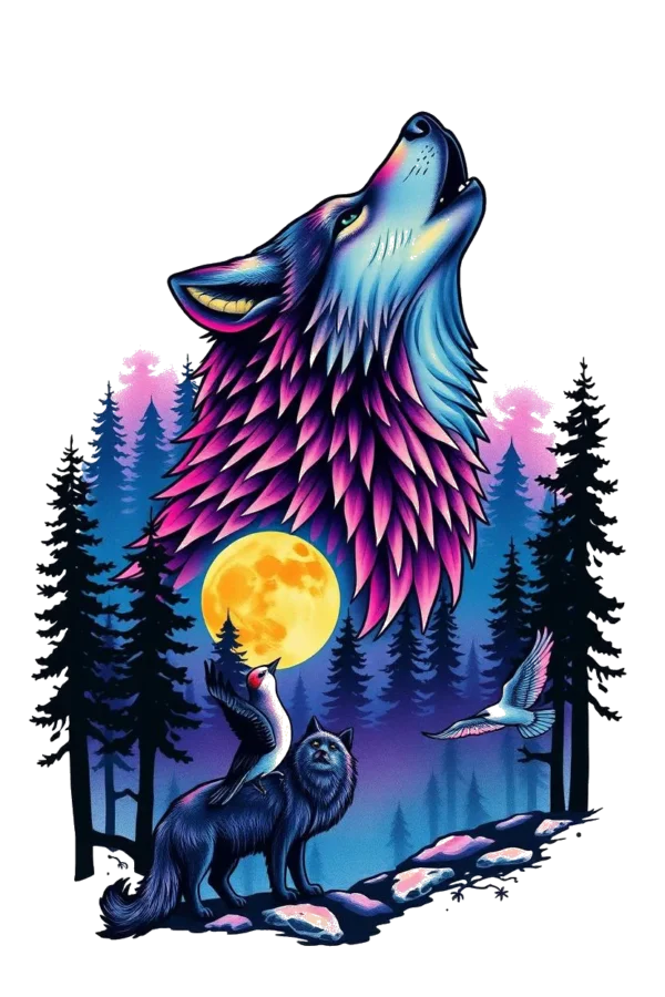 A temporary temporary tattoo design featuring a vibrant wolf with pink, purple, and blue fur, standing on a rocky outcrop with its head tilted upwards as if howling. The wolf has striking yellow eyes and a colorful parrot perched on its back. In