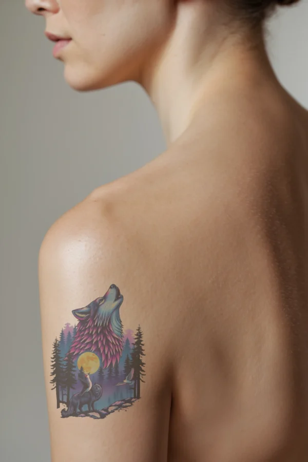 A temporary temporary tattoo displayed on a shoulder features a profile view of a wolf standing on a rocky outcrop, its head tilted back in a howl. The wolf's fur is artistically shaded in vibrant pink, purple, and blue, with striking yellow eyes