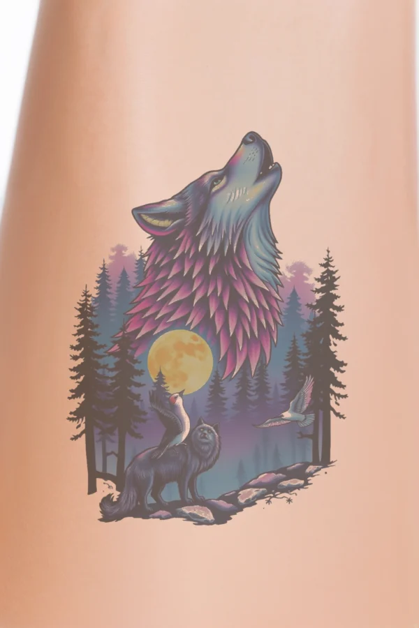 Temporary temporary tattoo design of a vibrant wolf with pink, purple, and blue fur, standing on a rocky outcropping with its head tilted upwards as if howling. It has striking yellow eyes and a parrot perched on its back. The background features