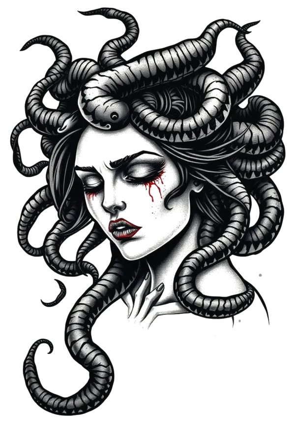 A temporary temporary tattoo design featuring a woman resembling Medusa, with a snake-like head and flowing dark hair that curls around her face. Her eyes are closed and she has a serious expression, with dark red lips. The temporary tattoo includes red and black markings on