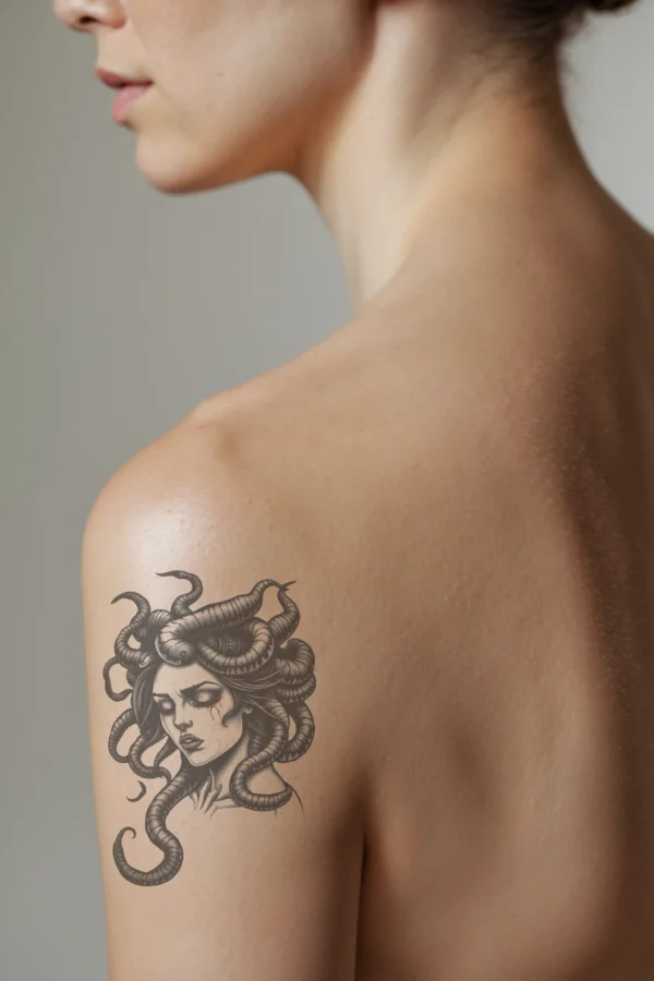 Alternative text: "Profile view of a temporary temporary tattoo on a shoulder depicting a woman resembling Medusa. She has a snake-like head with dark, flowing hair framing her face, featuring closed eyes and a serious expression. Her lips are dark red, and
