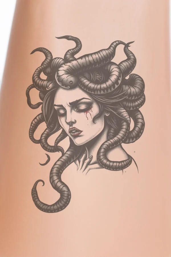 A temporary temporary tattoo design featuring a woman with a snake-like head resembling Medusa. She has dark, flowing hair that curls around her face, framing her features. Her eyes are closed, and she displays a serious expression, with dark red lips. The