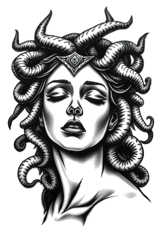 Black and white illustration of a serene female figure with closed eyes and slightly parted lips. She wears an ornate headdress featuring multiple horns, and her long, flowing hair cascades down her back. Her face is detailed with a wide, decorative nose and
