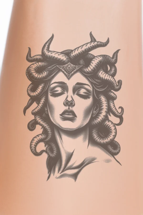 Black and white temporary temporary tattoo design featuring a serene female figure with closed eyes and slightly parted lips. She has a large, ornate headdress with multiple horns and her long, flowing hair adds to her graceful appearance. The figure's smooth skin, wide nose