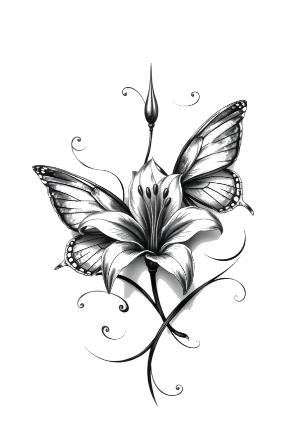 Black and white temporary temporary tattoo design featuring a detailed flower with a large, round center and slender stem, flanked by two butterflies in flight. The butterflies have their wings fully spread, highlighting their delicate features. The illustration is set against a bright white background
