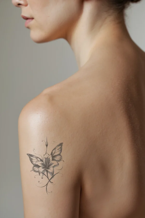A person's shoulder features a detailed black and white temporary temporary tattoo of a large flower with a round center and slender stem. The flower has prominent petal-like structures and is flanked by two butterflies in flight, each with their wings spread wide. The design