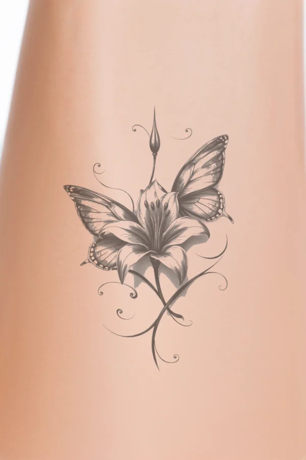 A detailed black and white illustration of a flower with a large round center and slender stem, flanked by two butterflies in flight, their wings spread wide. The flower features broad petal-like structures and is centrally positioned against a stark white background, enhancing