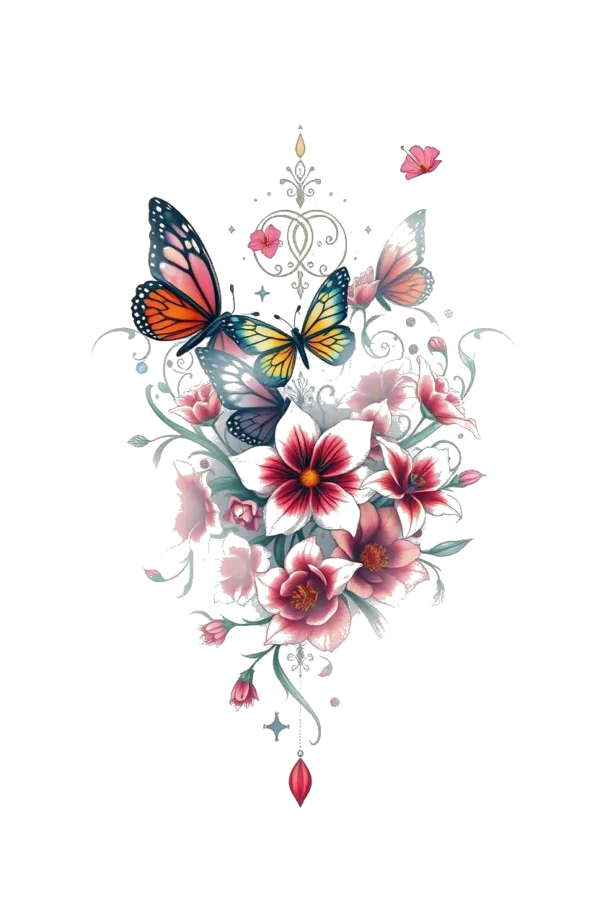 A colorful temporary temporary tattoo design featuring a loose, cascading floral arrangement with vibrant shades of pink, red, and white flowers, complemented by green foliage. Prominent flowers include a striking red flower, along with pink and white blooms. The design is set against