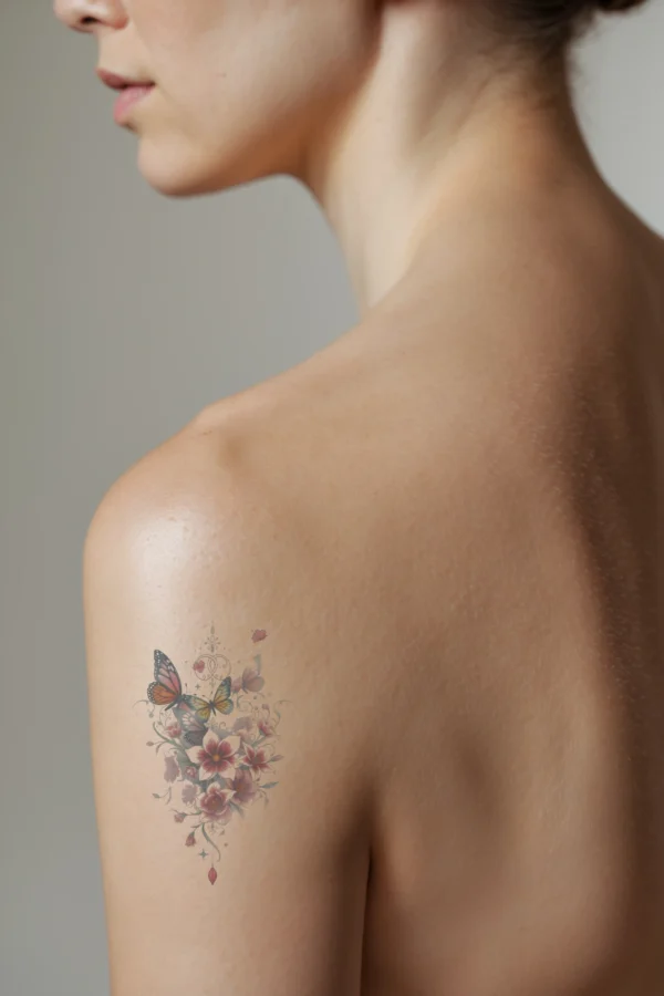 Temporary temporary tattoo on a person's shoulder features a vibrant floral arrangement in shades of pink, red, and white, set against a white background. The design includes a loose, cascading flow of flowers, prominently showcasing a red flower, a pink flower, and a
