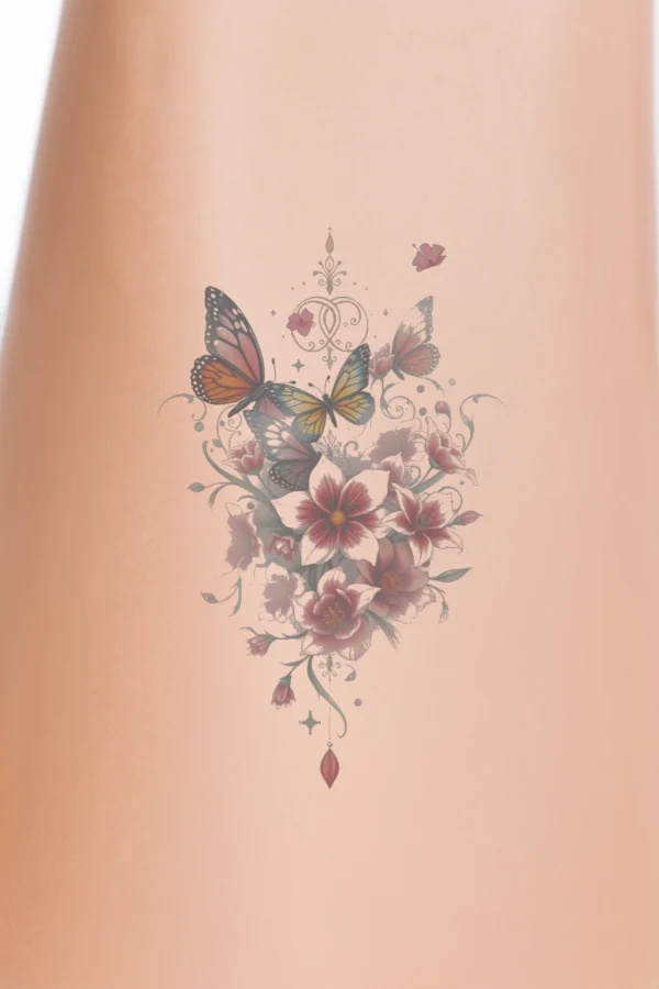 A vibrant temporary temporary tattoo design featuring a loose, cascading floral arrangement in shades of pink, red, and white, complemented by green foliage. Prominent flowers include a striking red flower, delicate pinks, and bright whites, all set against a white background