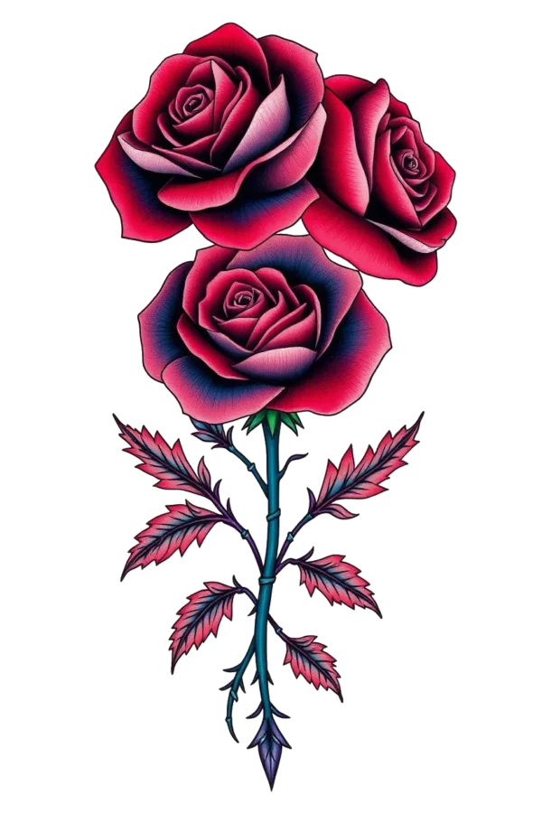 A vibrant temporary temporary tattoo design featuring three realistic roses arranged in a natural formation. The top rose is deep red, the middle rose is pinkish-red, and the bottom rose is deep red with a hint of pink. All roses have detailed petals and dark