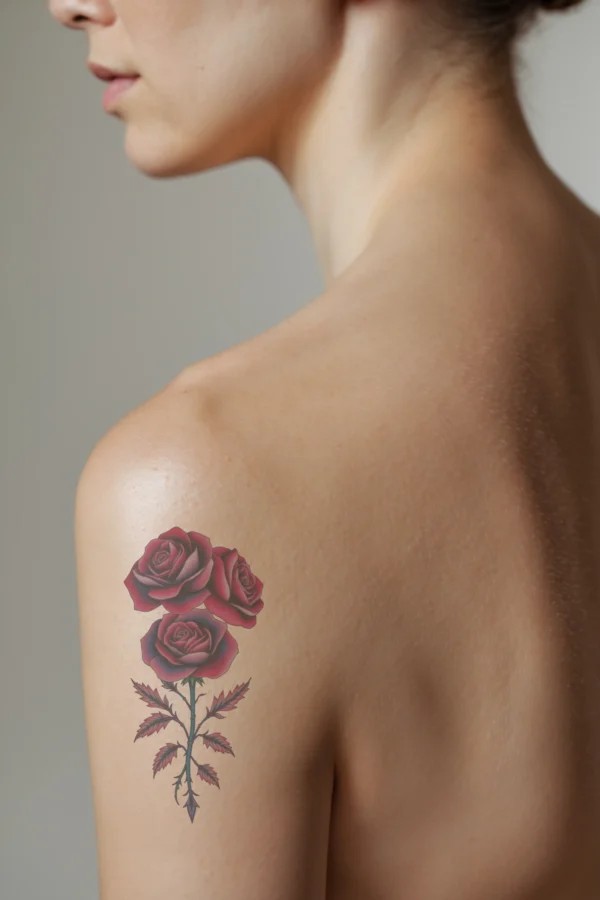 A profile view of a person showcasing a vibrant temporary temporary tattoo on their shoulder featuring three realistic roses. The top rose is a deep red, the middle one a pinkish-red, and the bottom rose is deep red with a hint of pink. The roses
