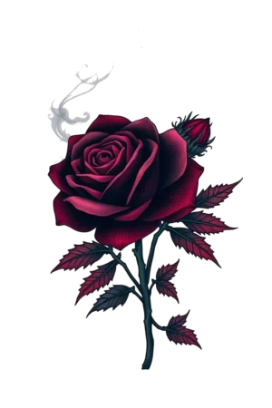 A realistic temporary tattoo design featuring a single deep red rose with dark pink or burgundy hues on the petals. The rose is set against a stark white background, highlighting its vibrant color. Its dark brown or black stem is adorned with several asymmetrically