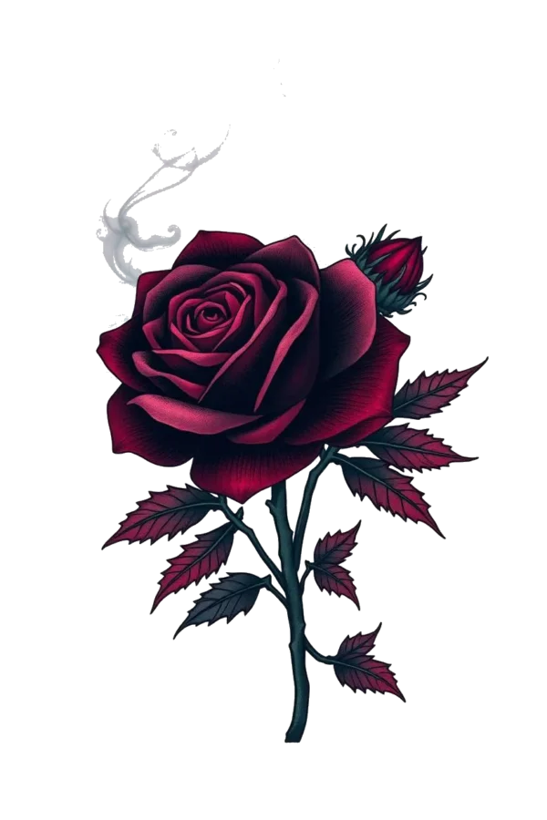 A realistic temporary temporary tattoo design featuring a single deep red rose with dark pink or burgundy hues on the petals. The rose is set against a stark white background, highlighting its vibrant color. Its dark brown or black stem is adorned with several asymmetrically