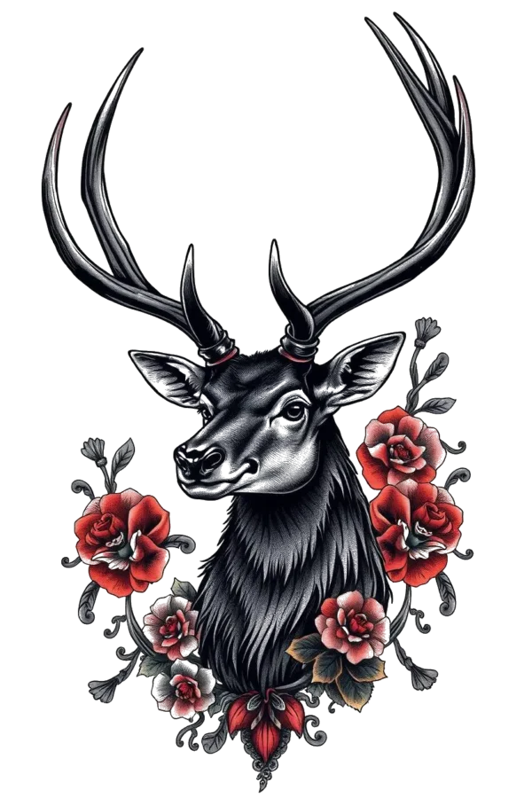 A temporary temporary tattoo design featuring a striking black and white illustration of a deer's head and neck. The deer faces forward with a direct gaze, showcasing large, curved horns and a long, slender neck extending to the left. The coat is dark gray or