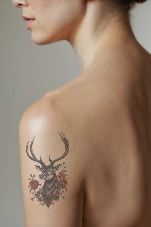 Temporary temporary tattoo design featuring a profile view of a deer's head and neck in striking black and white. The deer, with a long slender neck, faces forward, showcasing large, curved horns and a dark gray or black coat. Its eyes are light gray